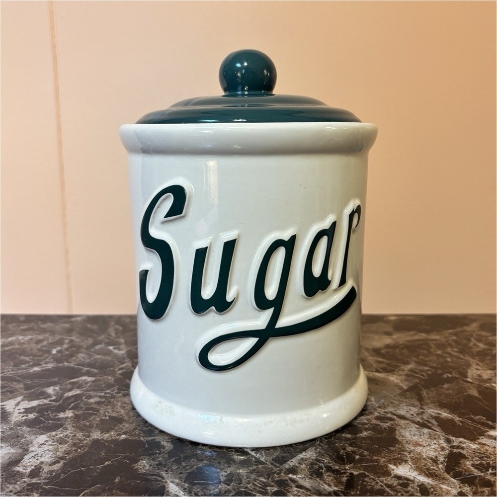 Himark Ceramic Sugar Canister w/ Lid, Round Solid White/Green, 21-30 oz, 6 in